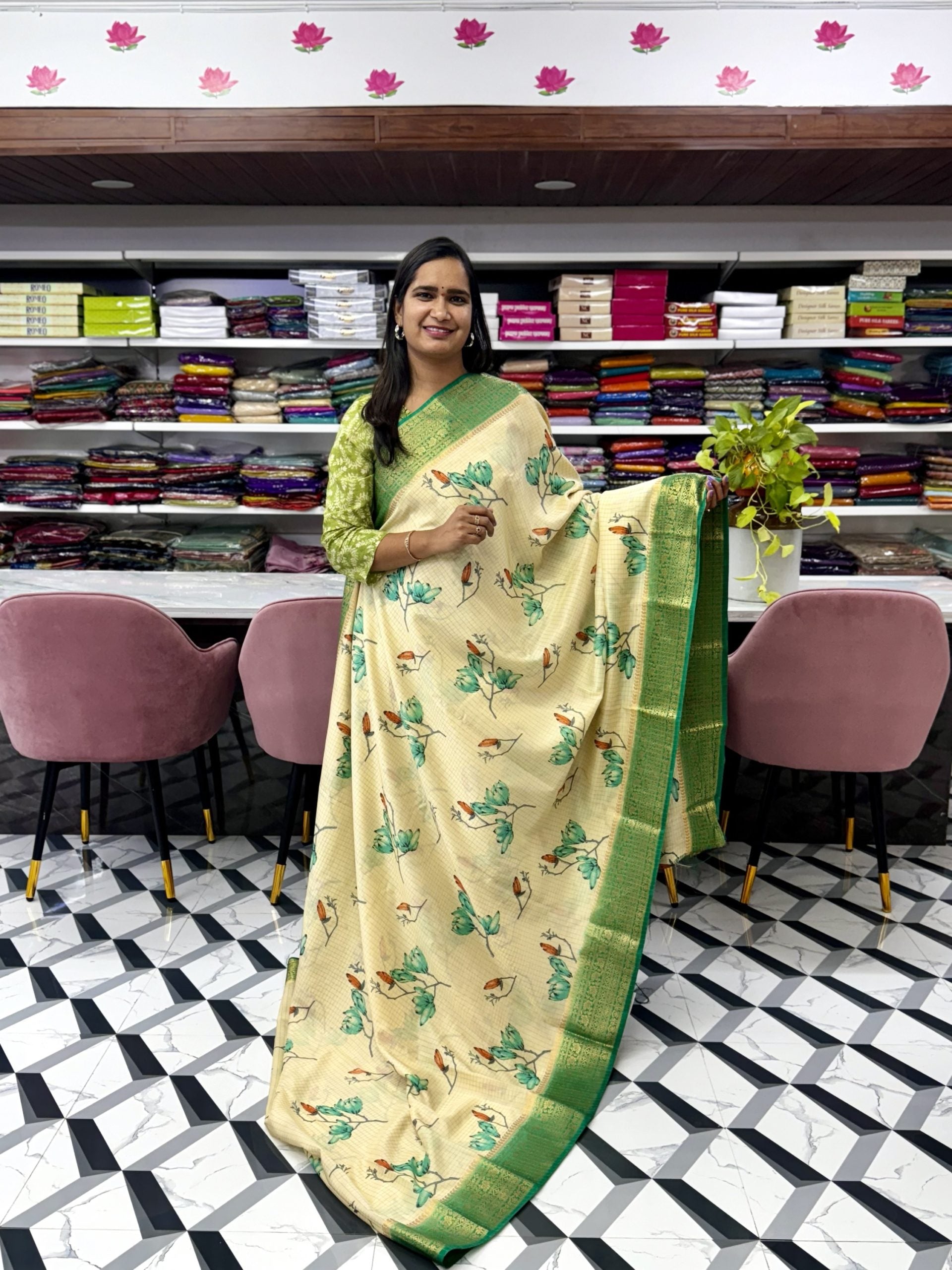 Cream and Green Mysore Silk Saree