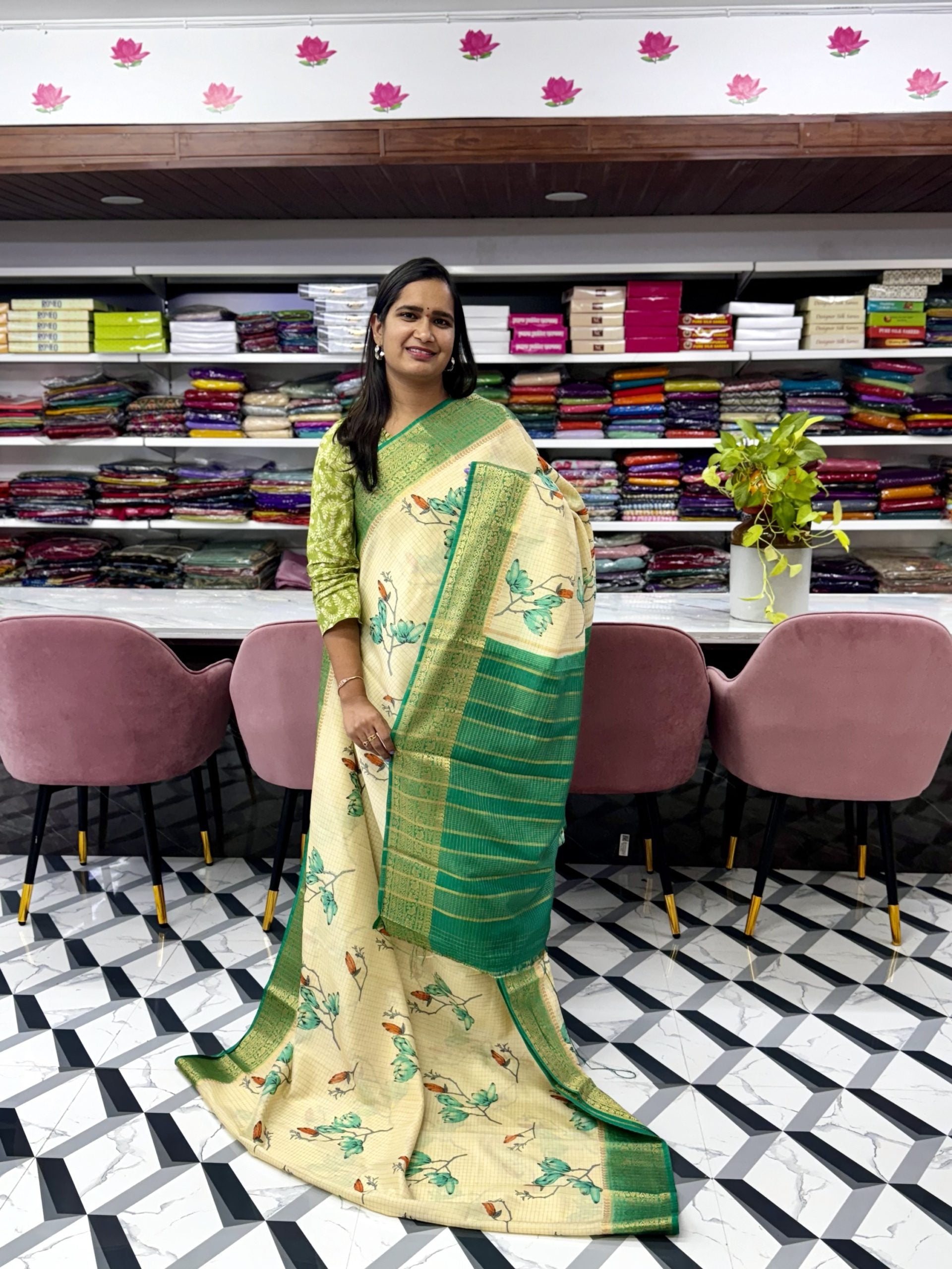 Cream and Green Mysore Silk Saree