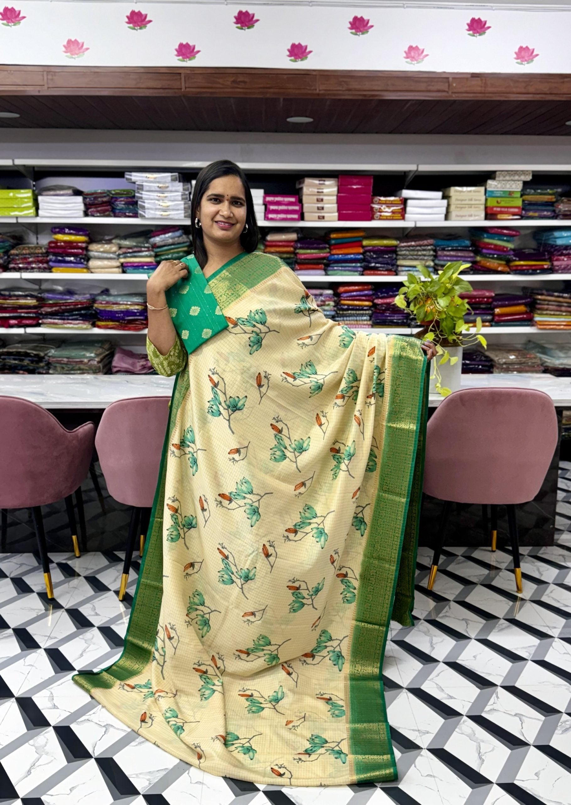 Cream and Green Mysore Silk Saree