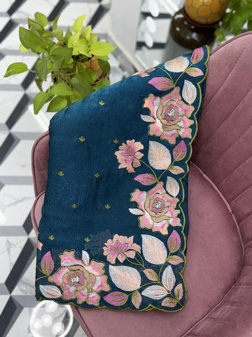 Peacock Blue Crush Glass Tissue Saree