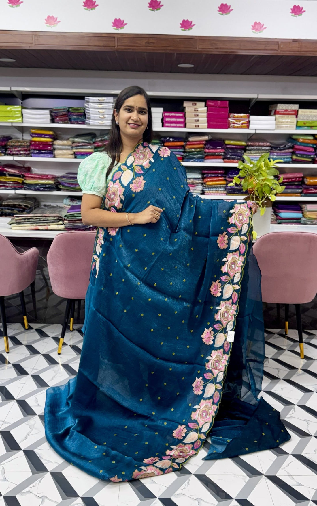 Peacock Blue Crush Glass Tissue Saree