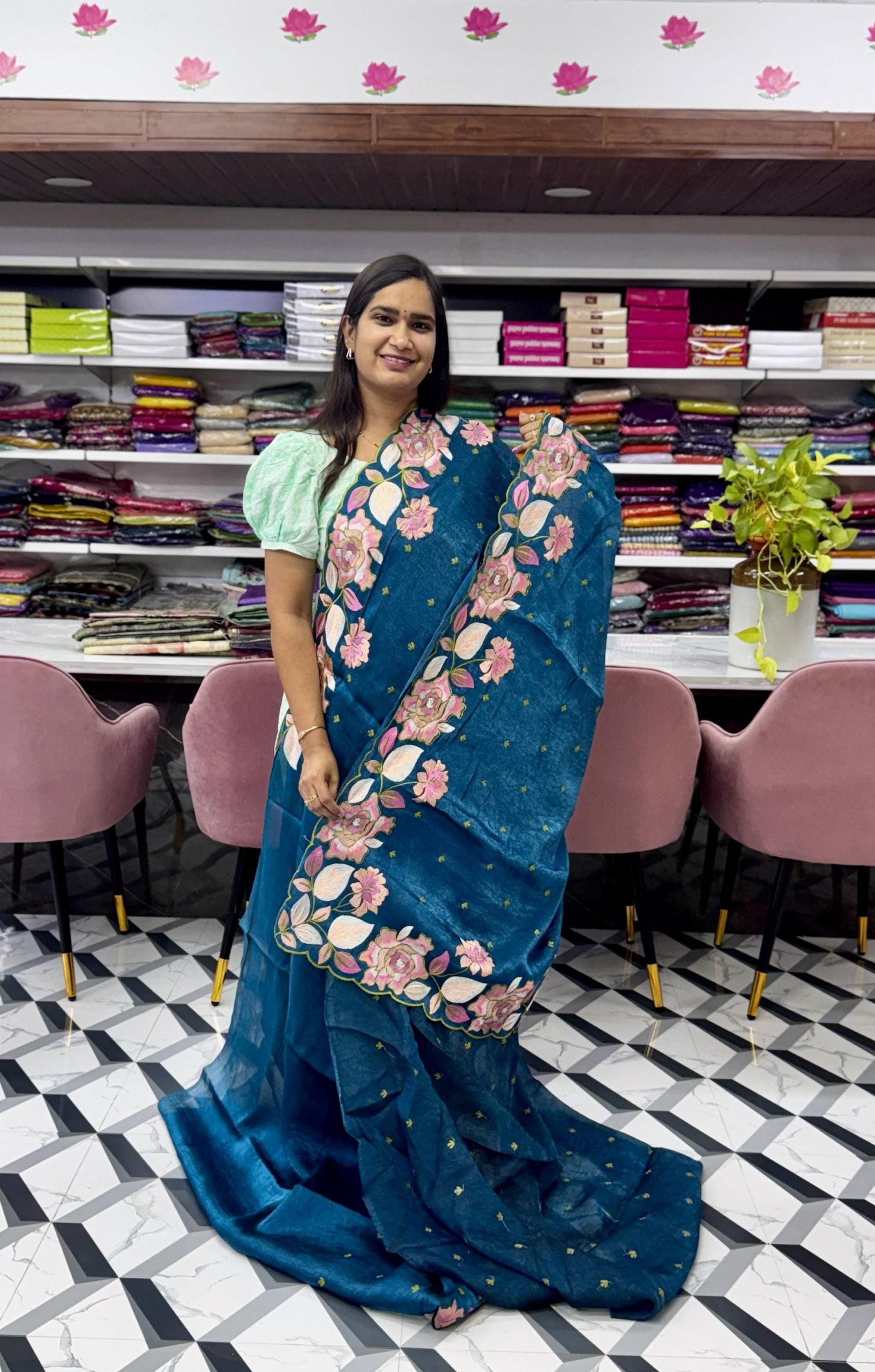 Peacock Blue Crush Glass Tissue Saree