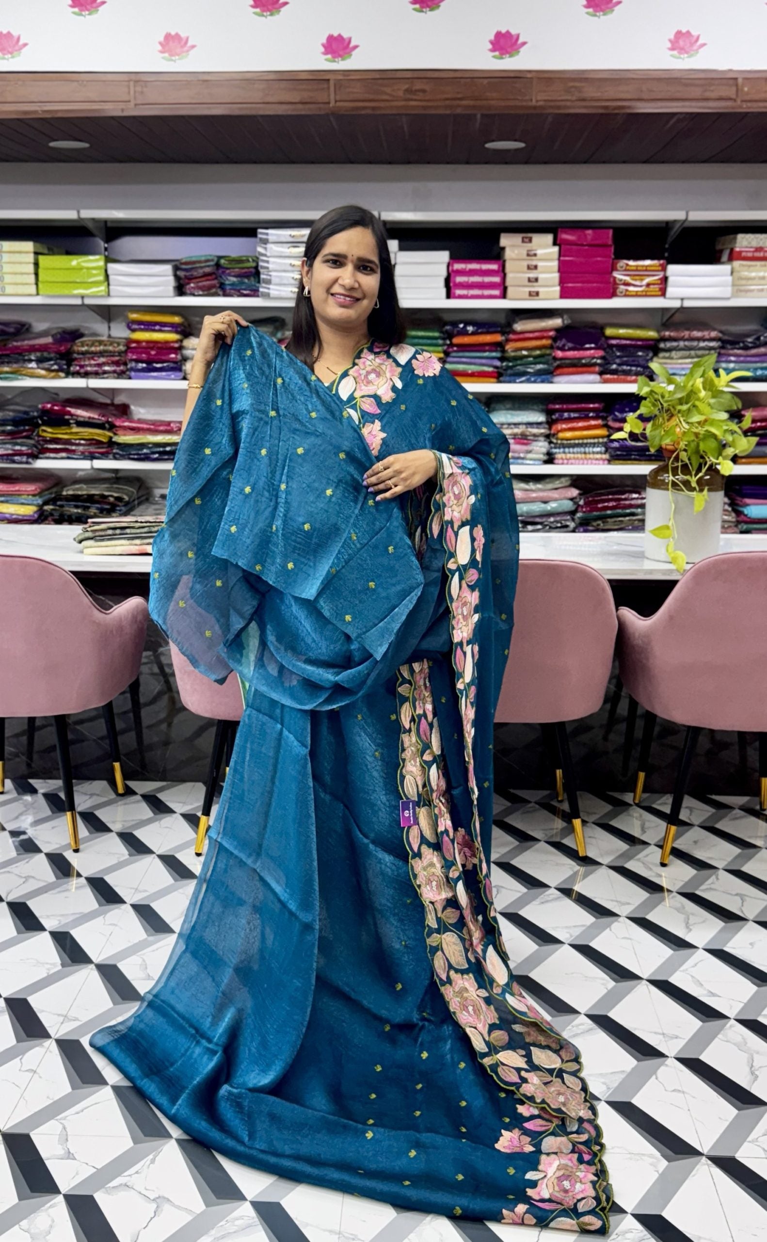 Peacock Blue Crush Glass Tissue Saree