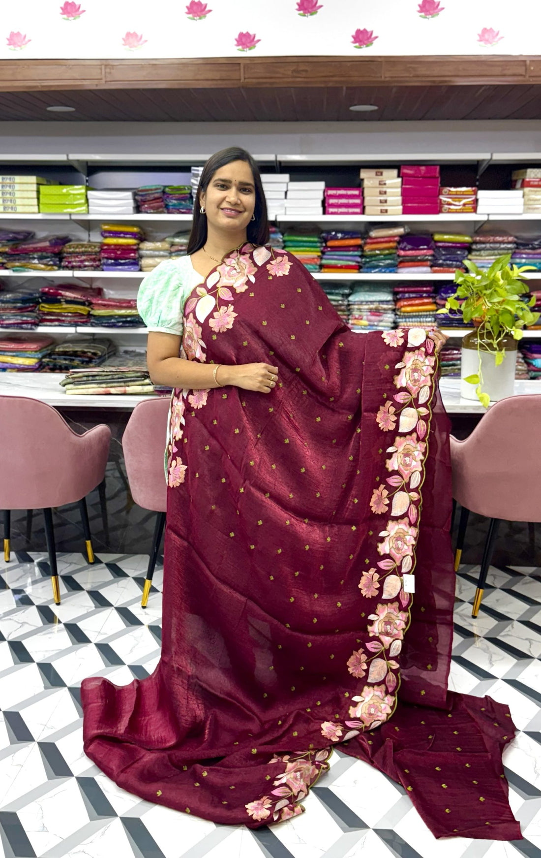 Maroon Crush Glass Tissue Saree