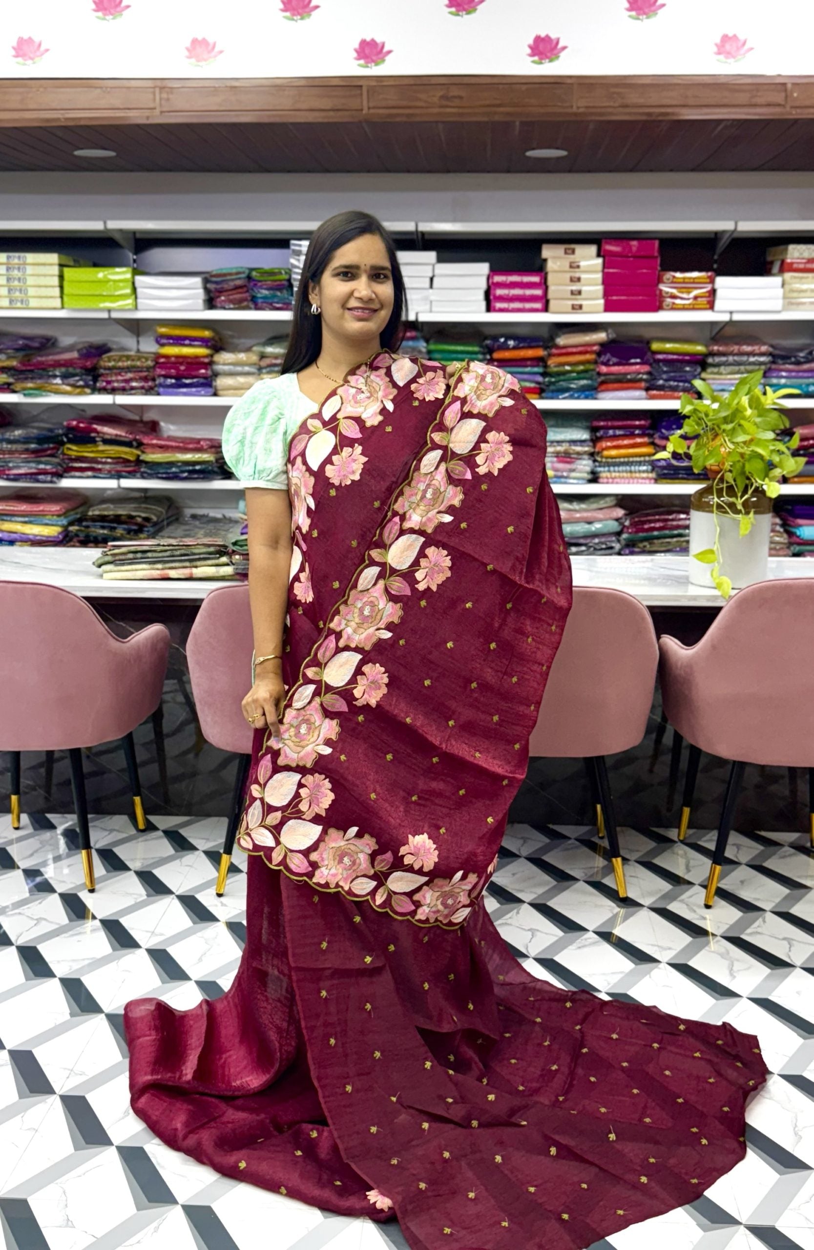 Maroon Crush Glass Tissue Saree