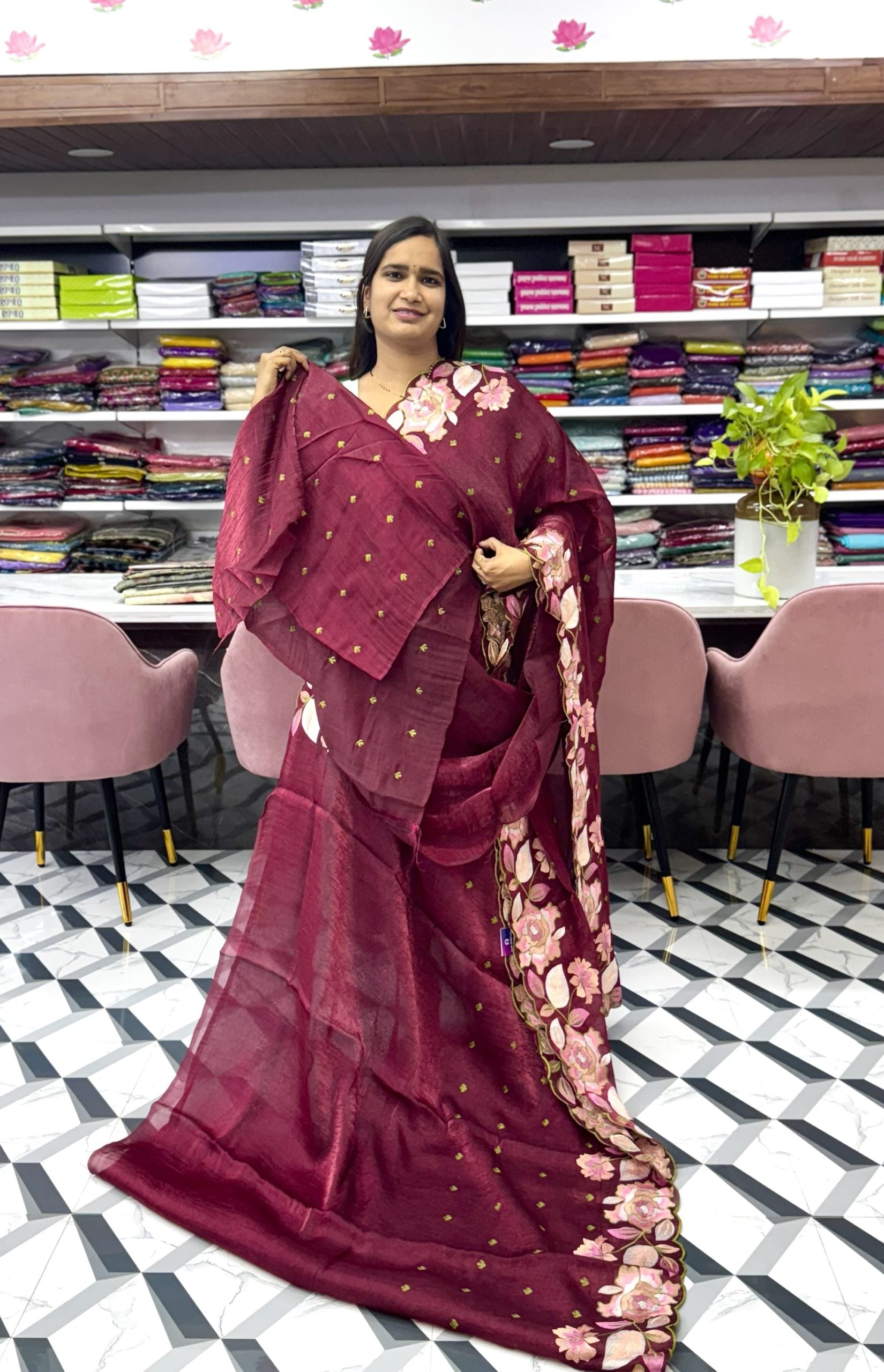 Maroon Crush Glass Tissue Saree