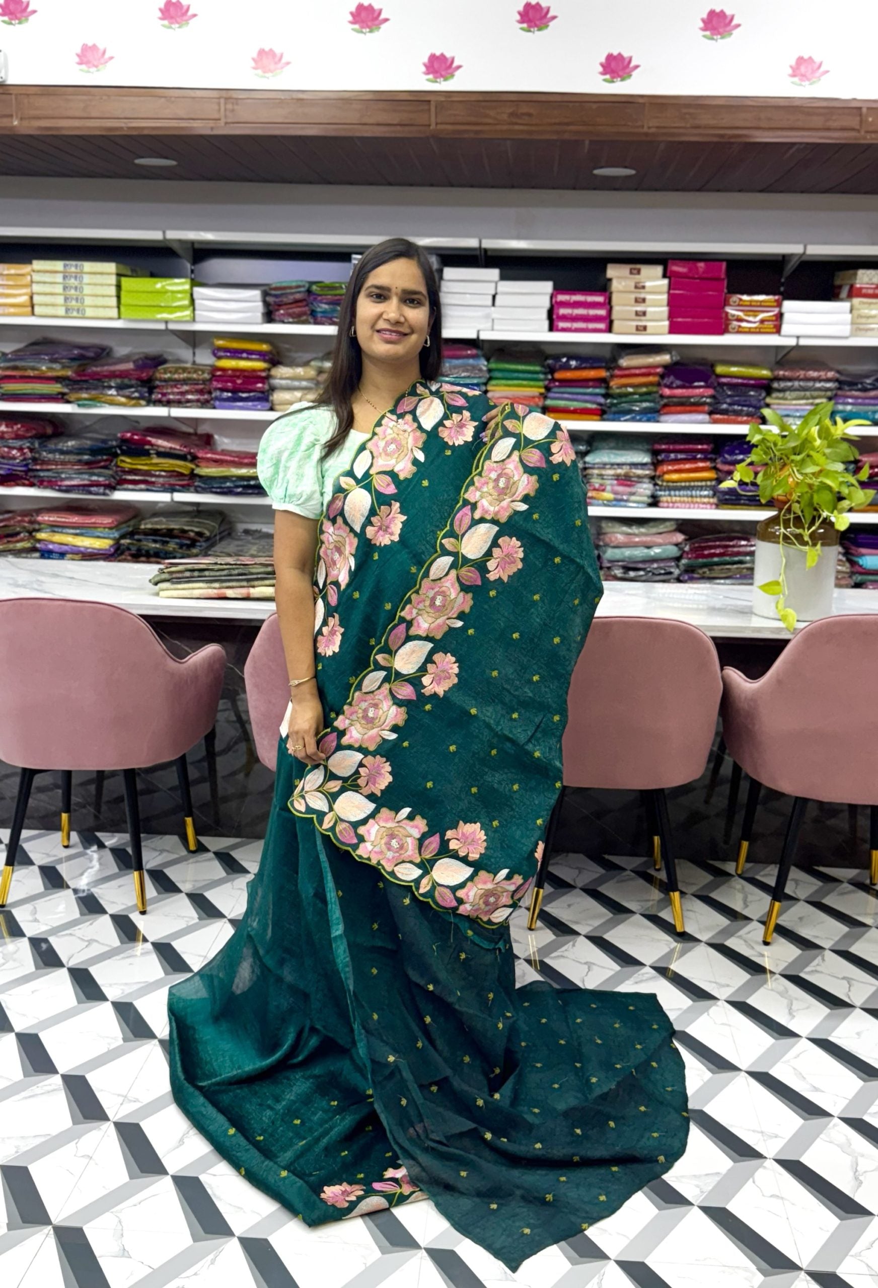 Green Crush Glass Tissue Saree