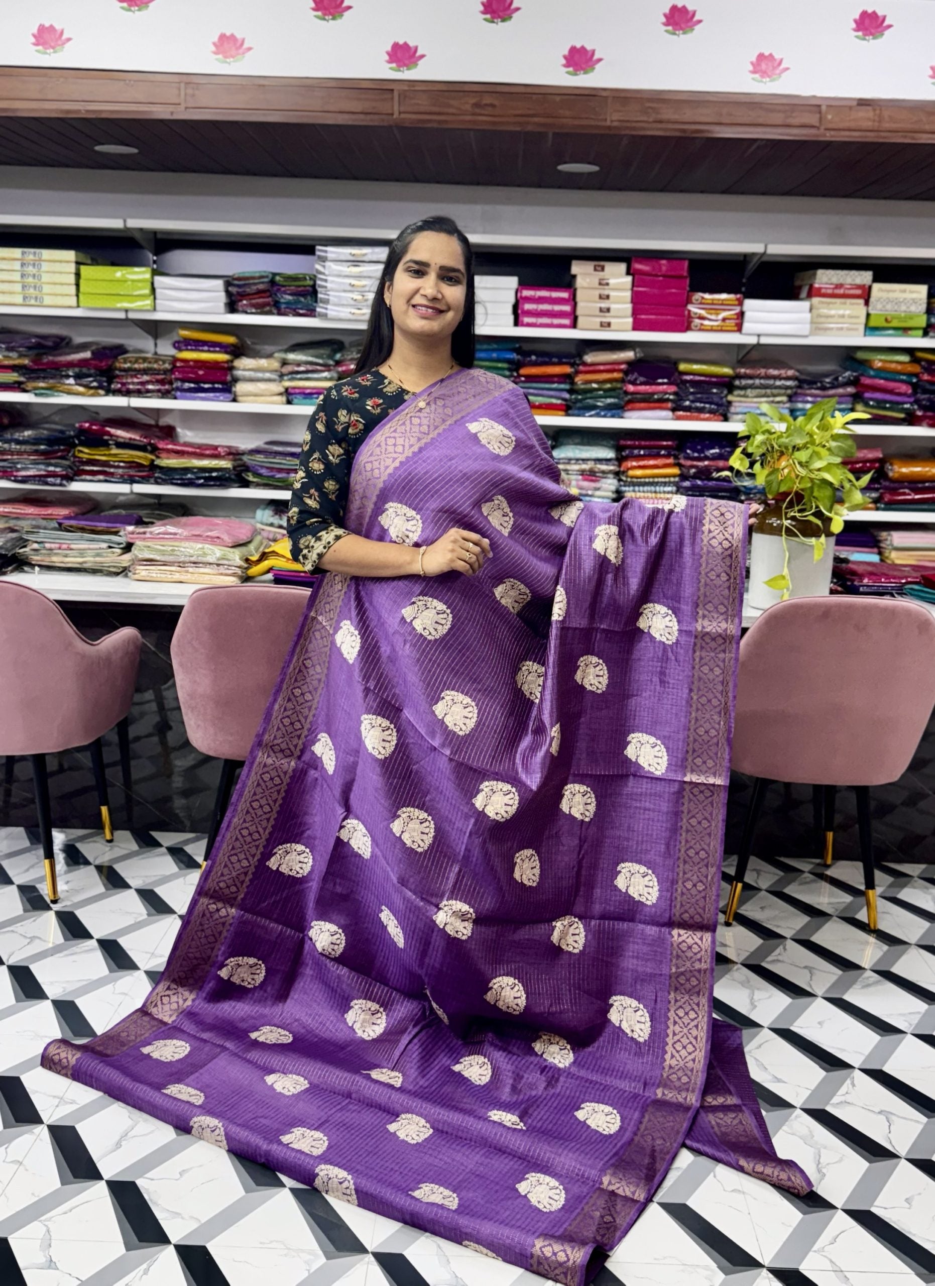 Lavender Elephant Dola Silk Saree