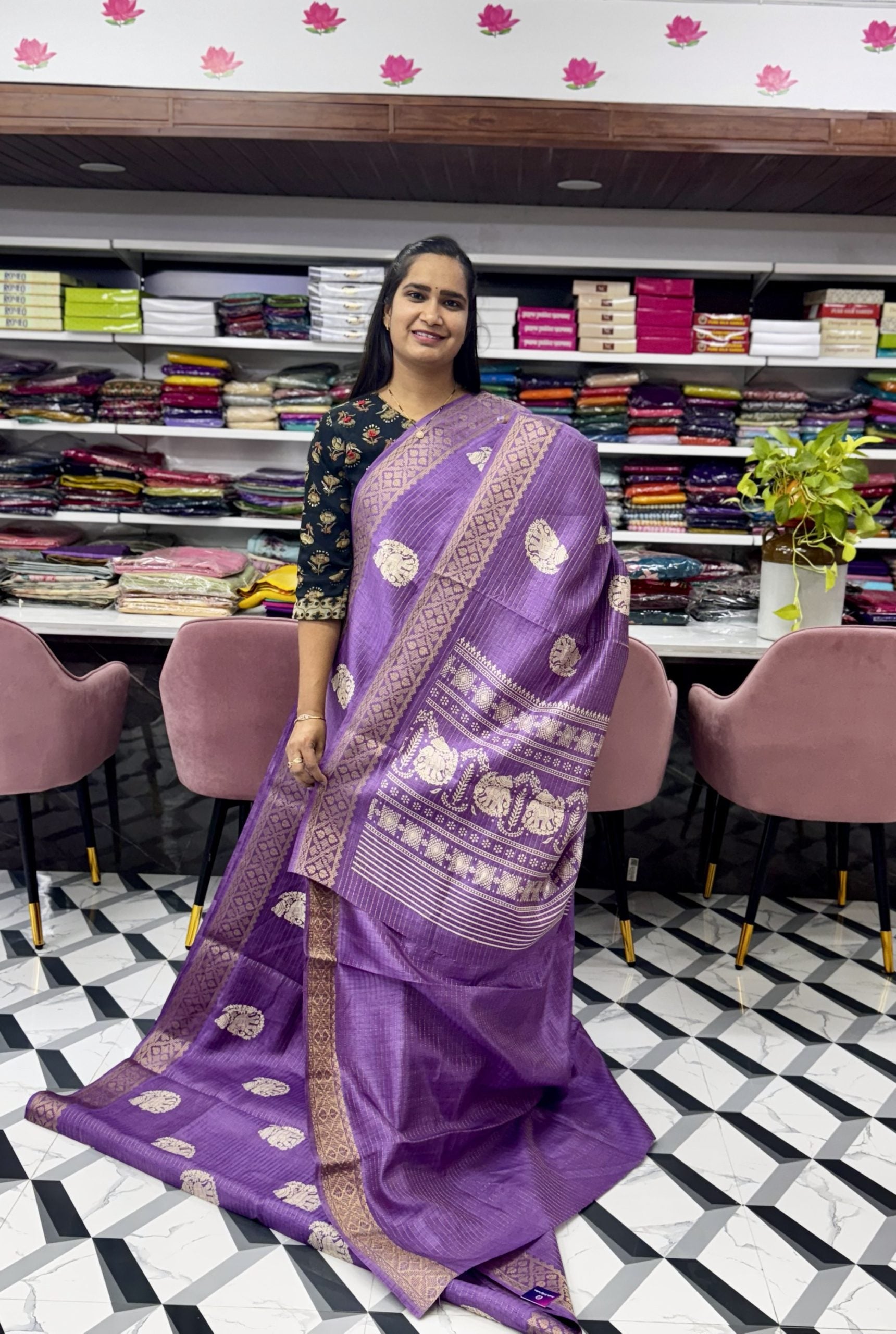 Lavender Elephant Dola Silk Saree