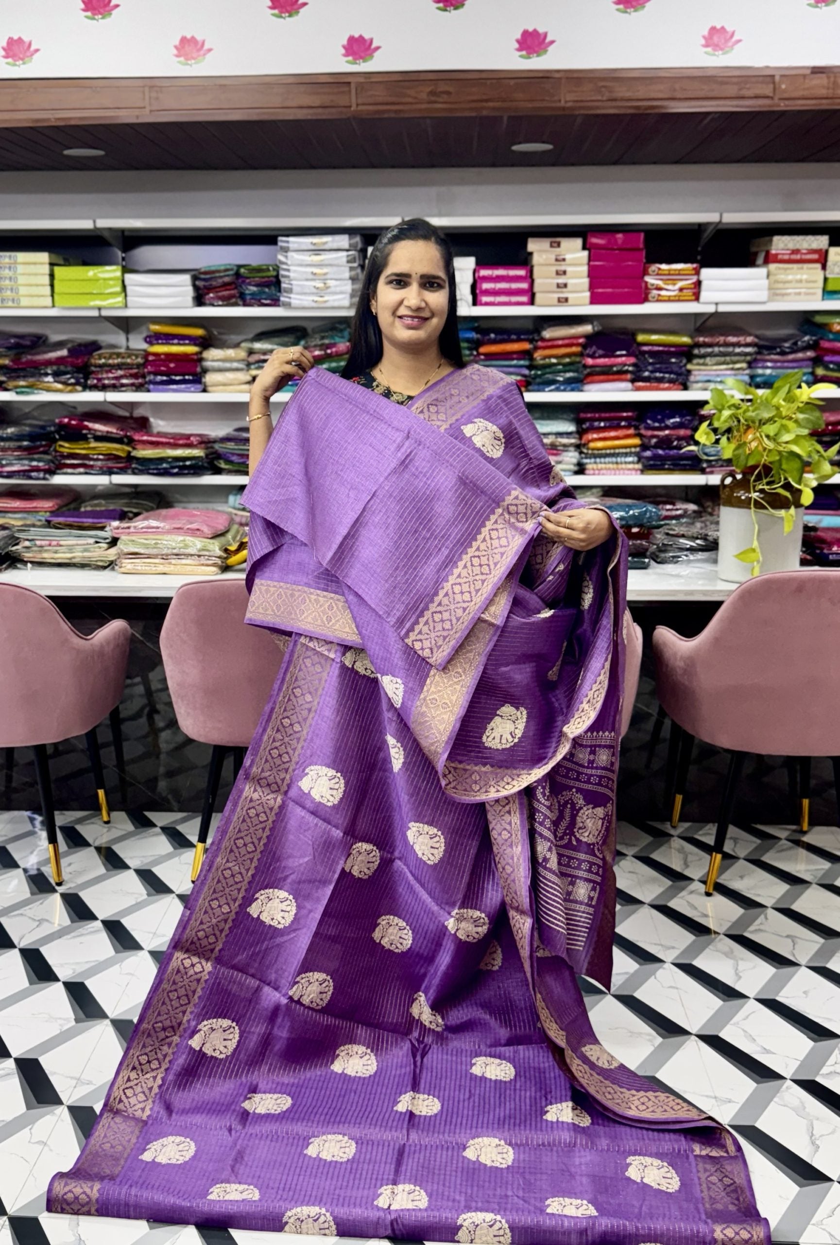 Lavender Elephant Dola Silk Saree