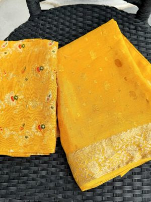 Yellow Semi Crepe Silk Saree