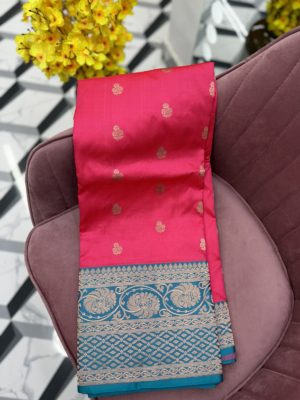Peach Pink Katan Banaras Saree
