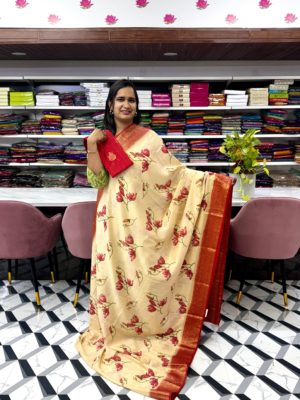 Cream and Red Mysore Silk Saree