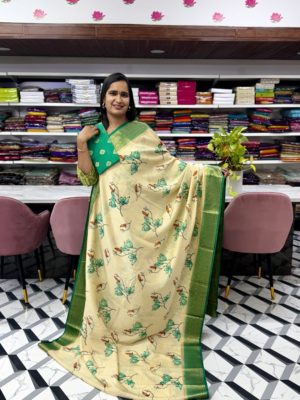 Cream and Green Mysore Silk Saree