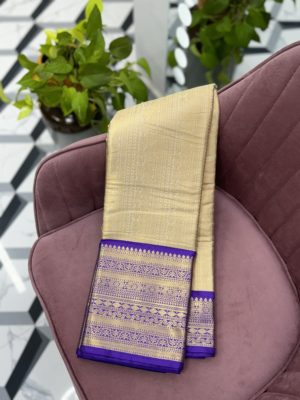 Cream and Purple Fancy Pattu Saree