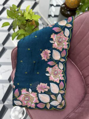 Peacock Blue Crush Glass Tissue Saree