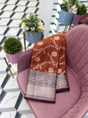 Fancy Rust Orange Saree With Brown Borders